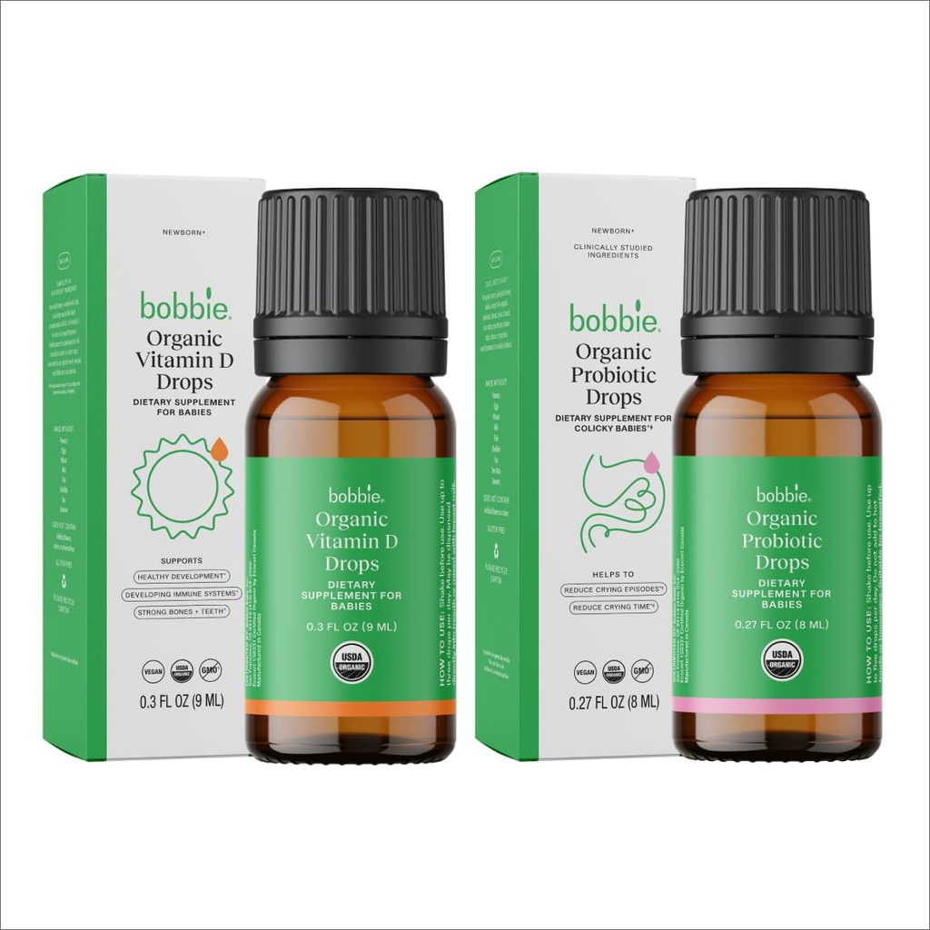 Bobbie 유기 아기 비타민 D 및 Probiotic Drop 번들, Immune, Teeth, Bone 및 신생아 아기 및 유아, Vegan, 유아 친화적 인 포뮬러의 매일 액체 보조 식품