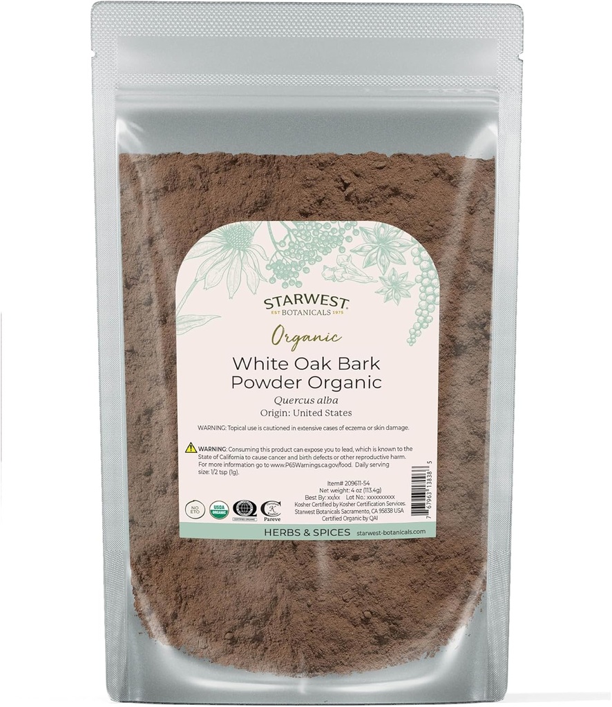 Starwest Botanicals 백색 오크 벌크 분말 유기 - 차 & 자연적인 초본 혼합, 순수한 Quercus Alba, 증명된 Kosher, 비 GMO - 4개 oz 주머니를 위한 말린 허브