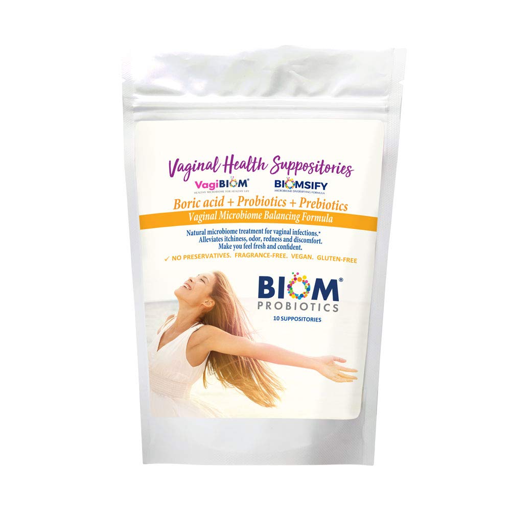 Biom Probiotics Prebiotics Boric 산 좌약. 감염 & PH Essentials VEGAN, PARABEN-FREE (10)를 위한 Feminine 건강 Probiotics