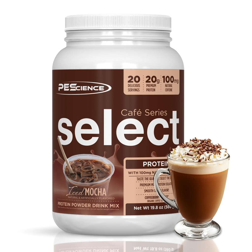 PEScience 선택 카페 단백질 커피 맛 분말, 아이스 모카, 100mg 카페인, 20g 아이스 단백질 커피 분말 또는 크림, 20 서빙