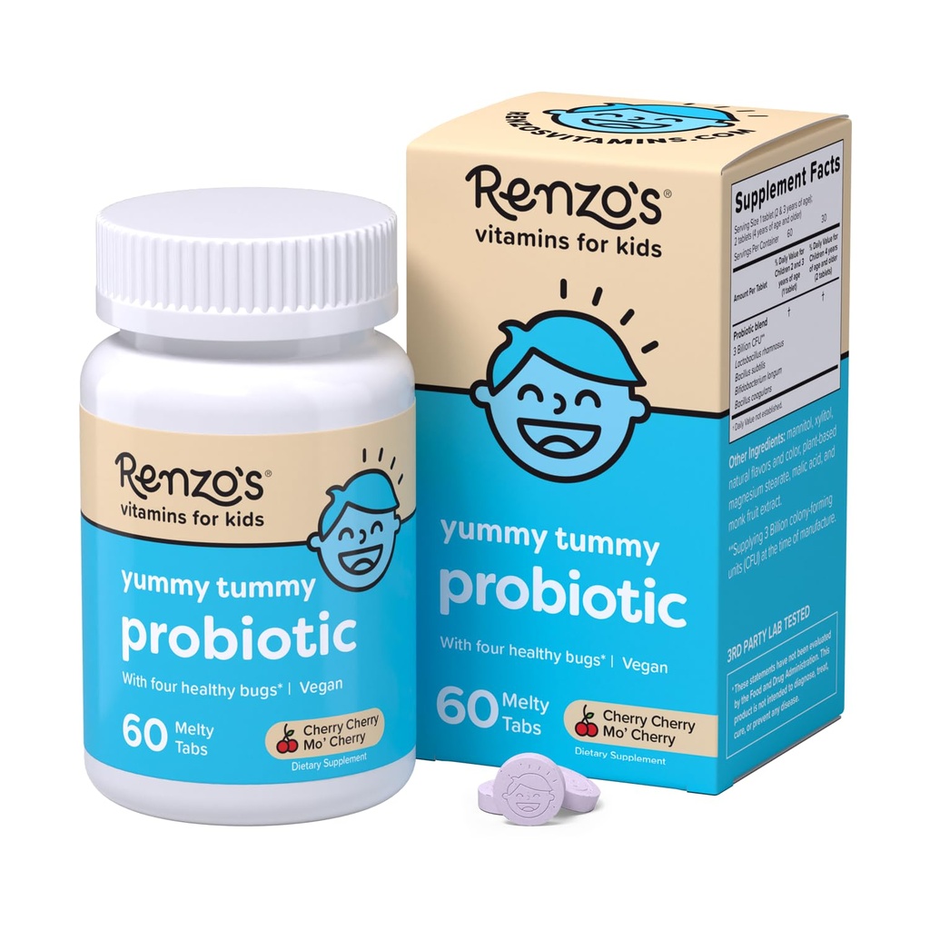 Renzo's Kids Probiotic, 소화 건강 및 면역 지원, 60 Cherry-Flavored Melty Tabs를 위한 Dissolvable Probiotics