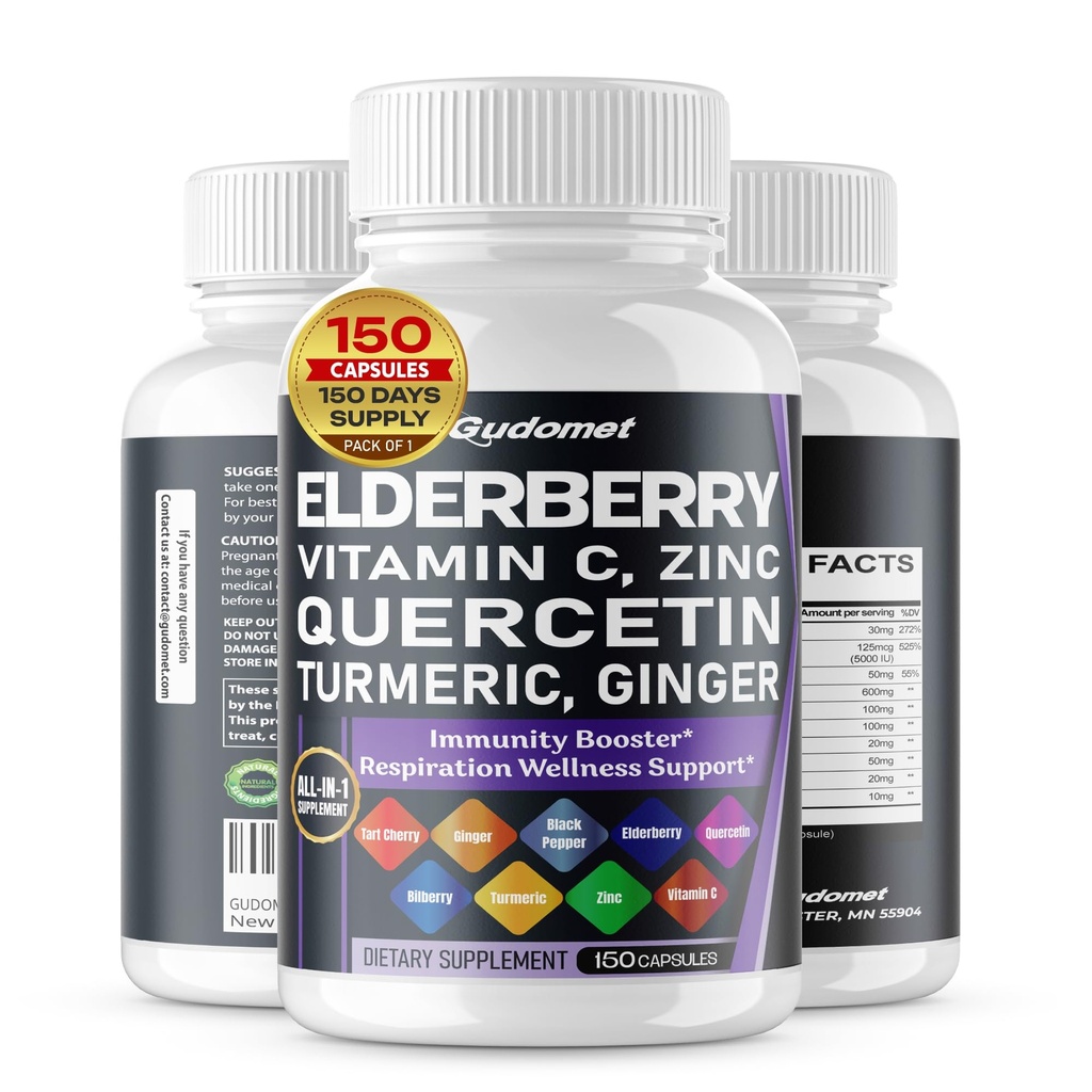 Elderberry Quercetin Bilberry Turmeric Tart Cherry Ginger 비타민 C 비타민 D3 아연 검정 고추 -150 캡슐 - 미국에서 만든