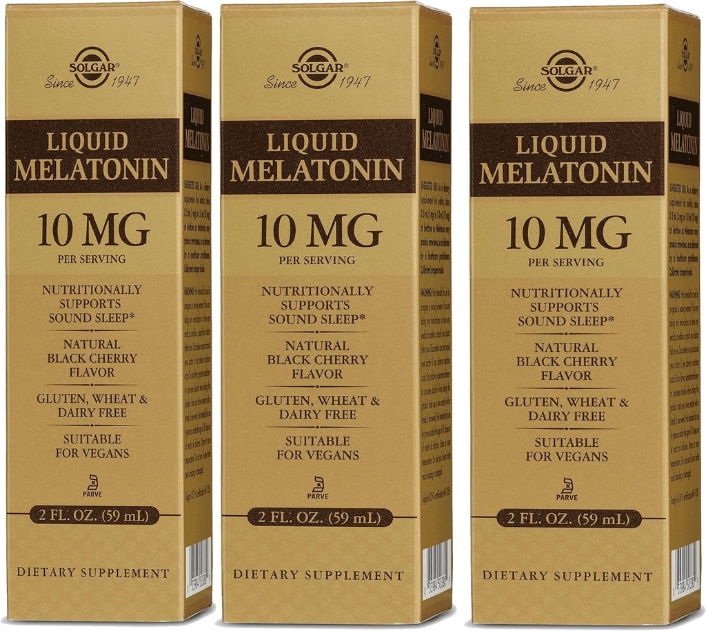 Solgar 액체 멜라토닌 10 mg, 천연 블랙 체리 맛 - 2 fl oz, 3 팩 - Jet Lag - Vegan, 글루텐 무료 - 177 총 서빙
