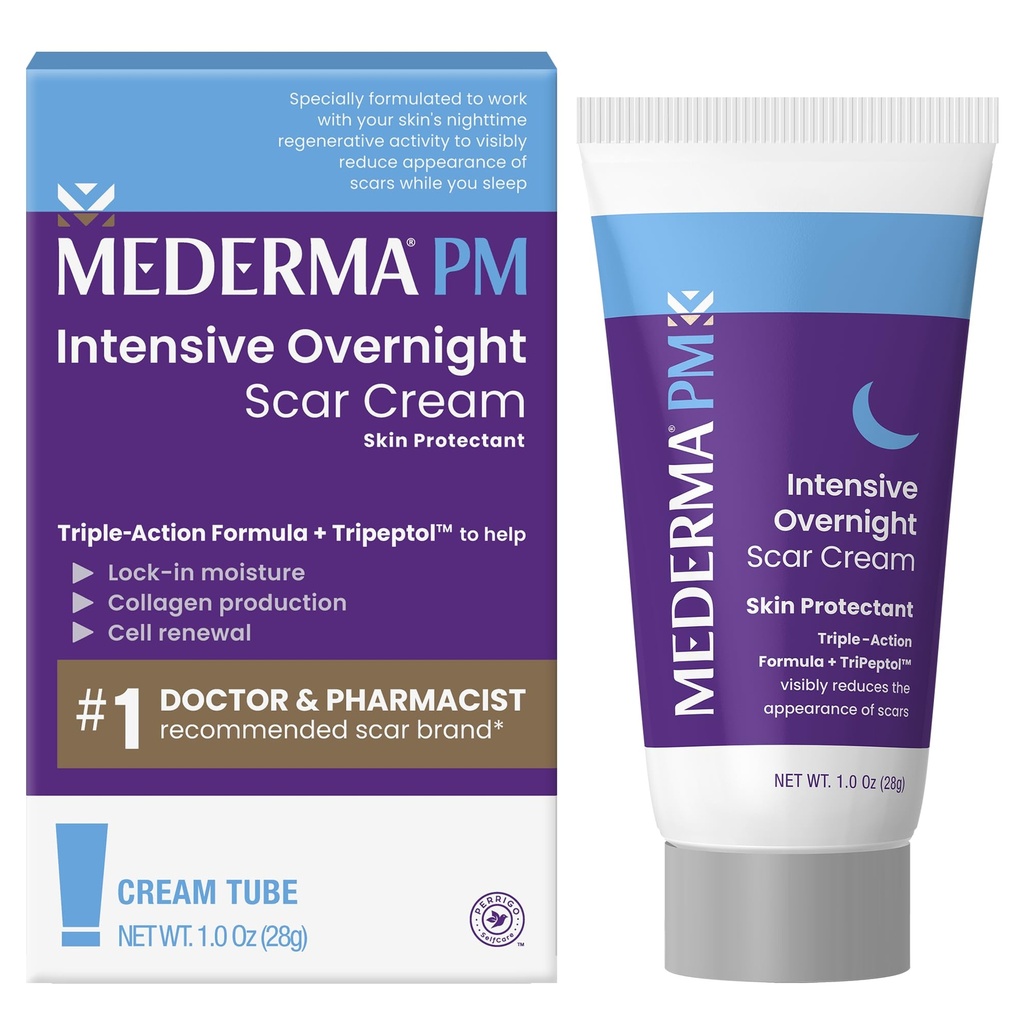 Mederma PM Intensive Overnight Scar Cream, Skin's Nighttime Regenerative Activity, 임상적으로 눈에 띄는 흉터를 만들기 위해 쇼, 1.0 Oz (28g)