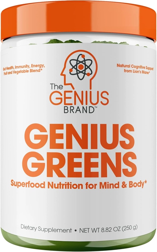 Genius 브랜드 인 Genius Greens - 건강한 마음과 면역 지원을위한 녹색 분말 - 유기농 야채, 블루 베리 및 사자 Mane - 편리한 음료 혼합 - Pleasant Taste - 20 서빙