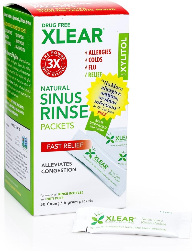 Xlear Natural Xylitol Sinus Rinse Refill, Neti Pot Saline Packets - Fast Pressure 및 Congestion Relief 용 Nose Cleaner는 대부분의 Nasal Irrigation Systems, 50 Count (Pack of 1)에서 작동합니다.