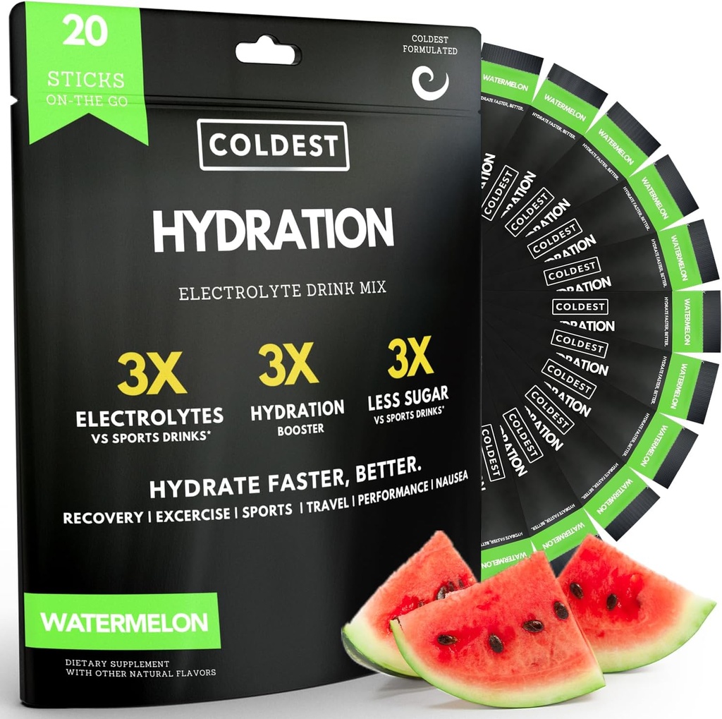 Coldest Hydration - Electrolytes Powder Packets - Non GMO & No Artificial Sugar - Electrolyte 음료 혼합 - 쉬운 오픈 단일 조각 스틱 드롭 - 20 팩 당 스틱 (수박)