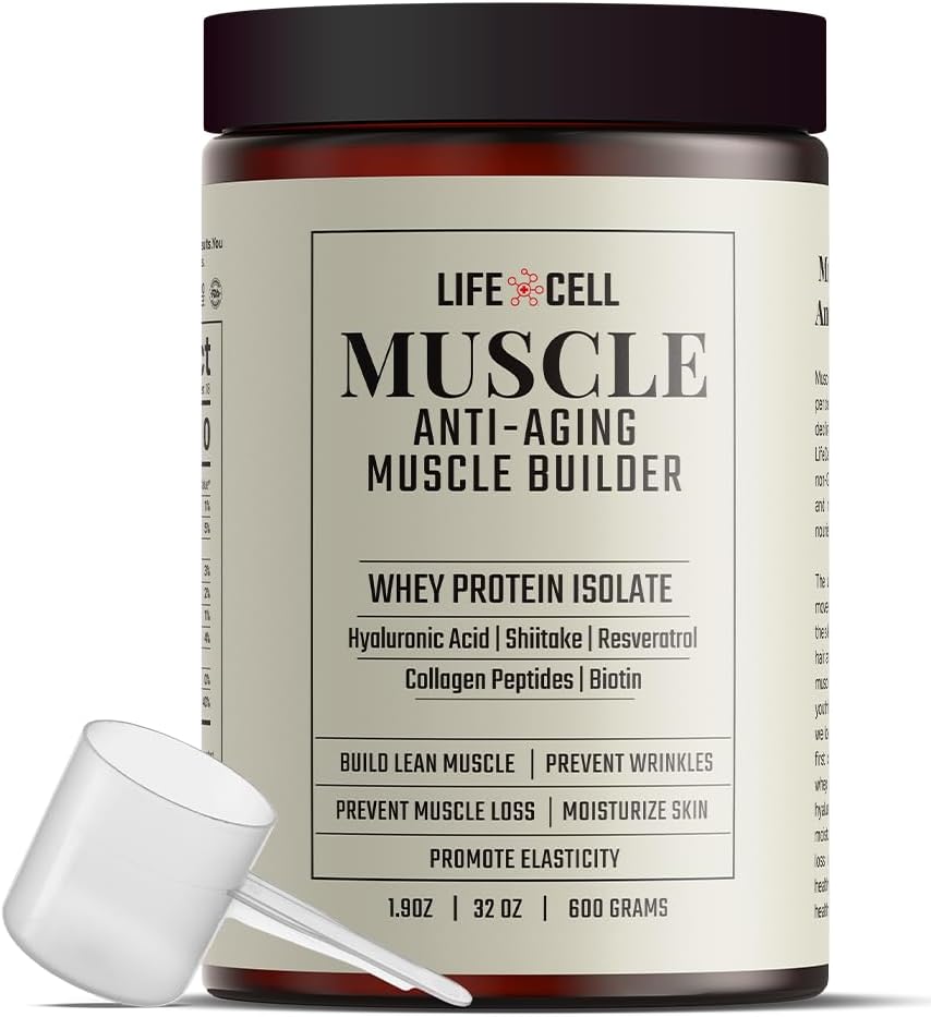 LifeCell Whey Protein – Shiitake Mushroom, Collagen & Hyaluronic Acid와 노화 방지 근육 빌더 – Unflavored, No Sugar 추가, Soy-Free, Gluten-Free, 600g (18 인분)