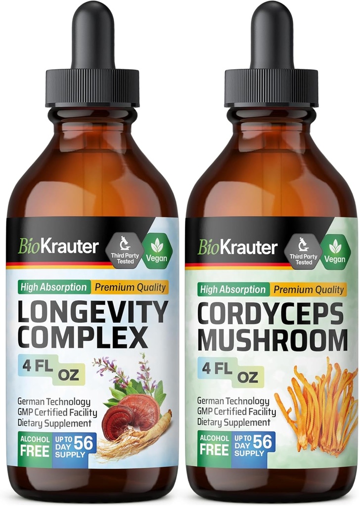 BIO KRAUTER Longevity 버섯 Tincture 4 Fl. Oz. & Cordyceps 버섯 Tincture 4 Fl. Oz.