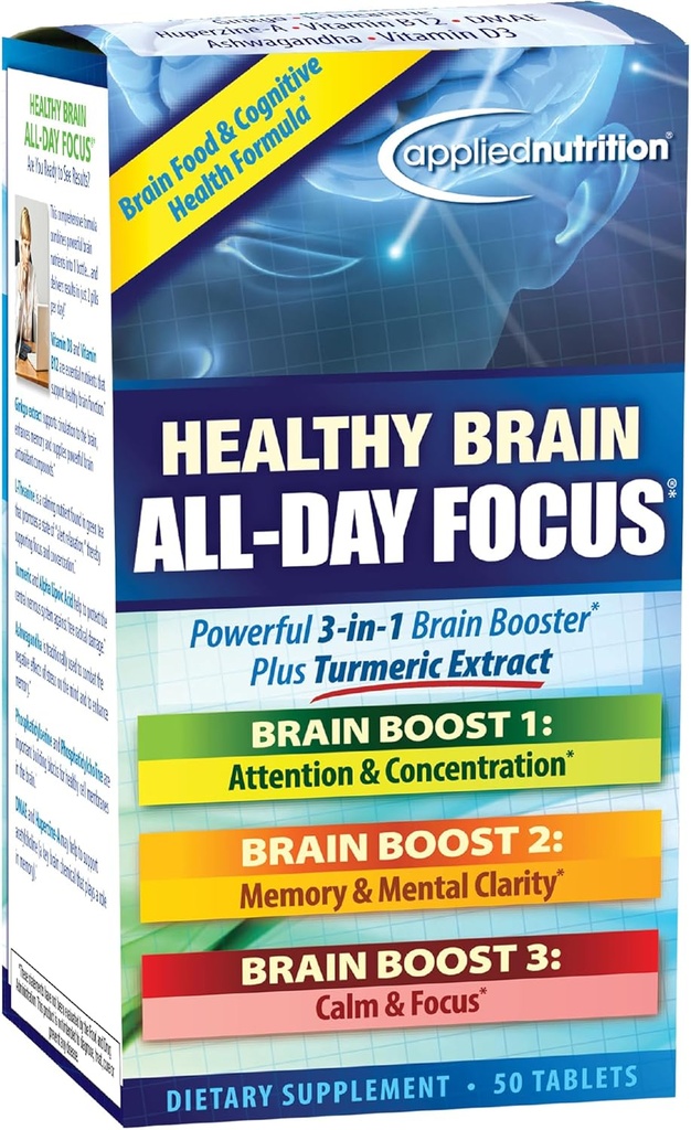 Applied Nutrition Healthy Brain All-Day Focus - 50 정제 - 심황 추출물이있는 강력한 3-in-1 뇌 부스터 - 25 서빙