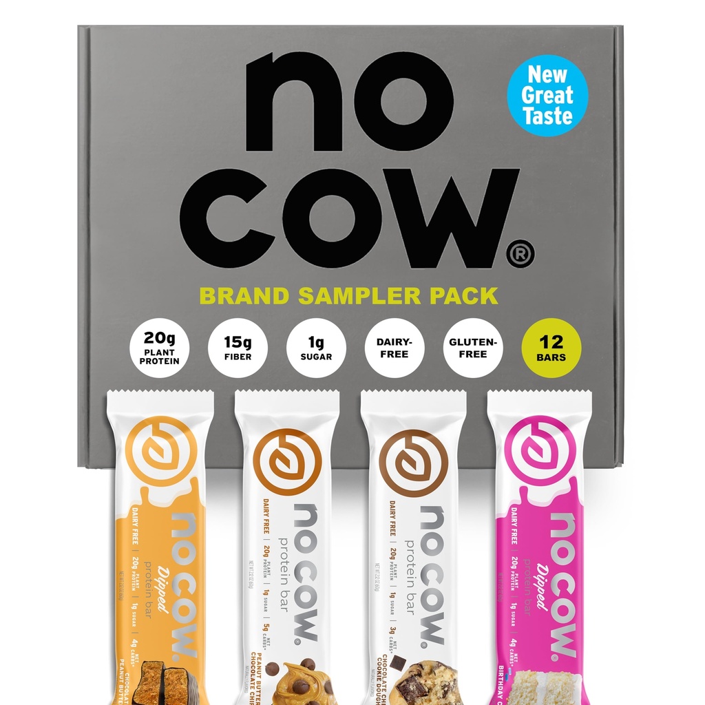 Cow Vegan Protein Bar, 업그레이드 된 브랜드 샘플러 팩 | 20g 공장 기반 Protein, Gluten Free, Dairy Free, Soy Free, Keto Friendly, Low Sugar, High Fiber Snack Bar | 12 팩