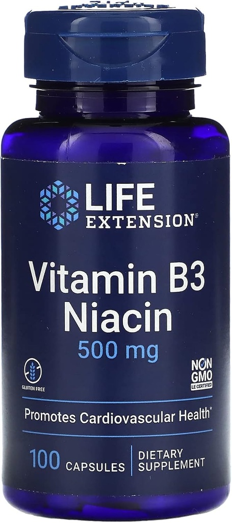 수명 연장 비타민 B3 Niacin, 500 밀리그램, 100 캡슐