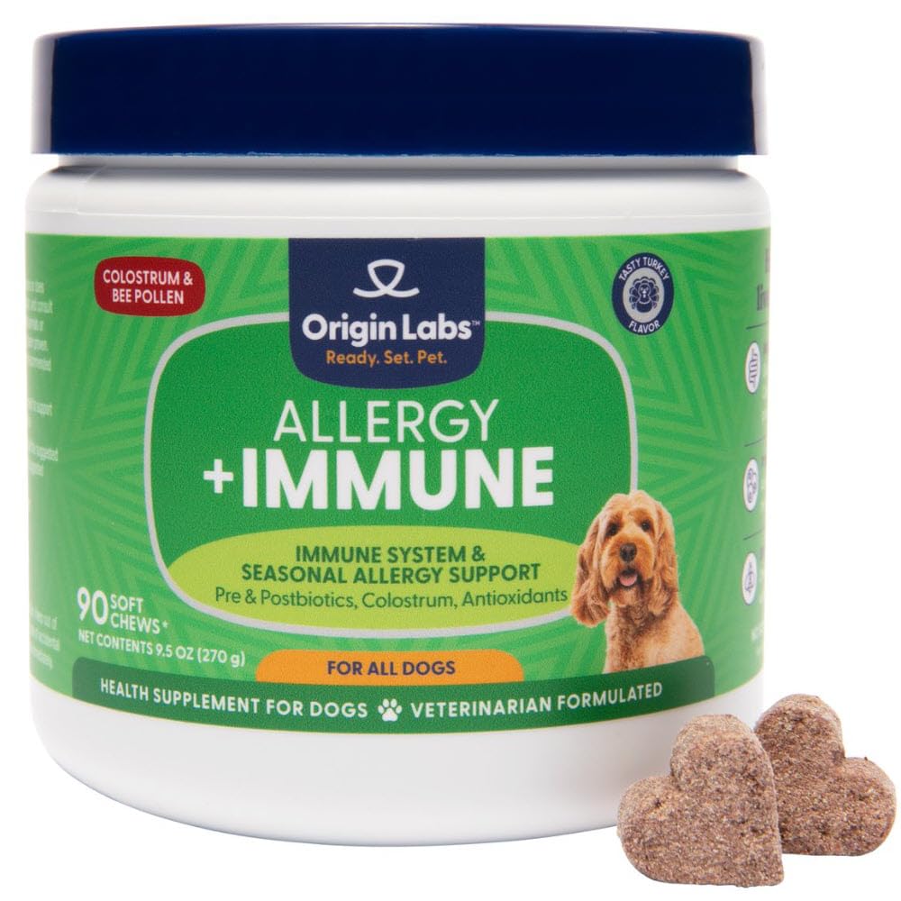 근원 실험실 알레르기와 면역 지원 보충교재, Omega 3 물고기 기름, 꿀벌 꽃가루, Colostrum, Probiotics, Gut 건강, 피부 및 외투 건강, 산화제, 터키 풍미, 90 연약한 Chews를 위한 Prebiotics