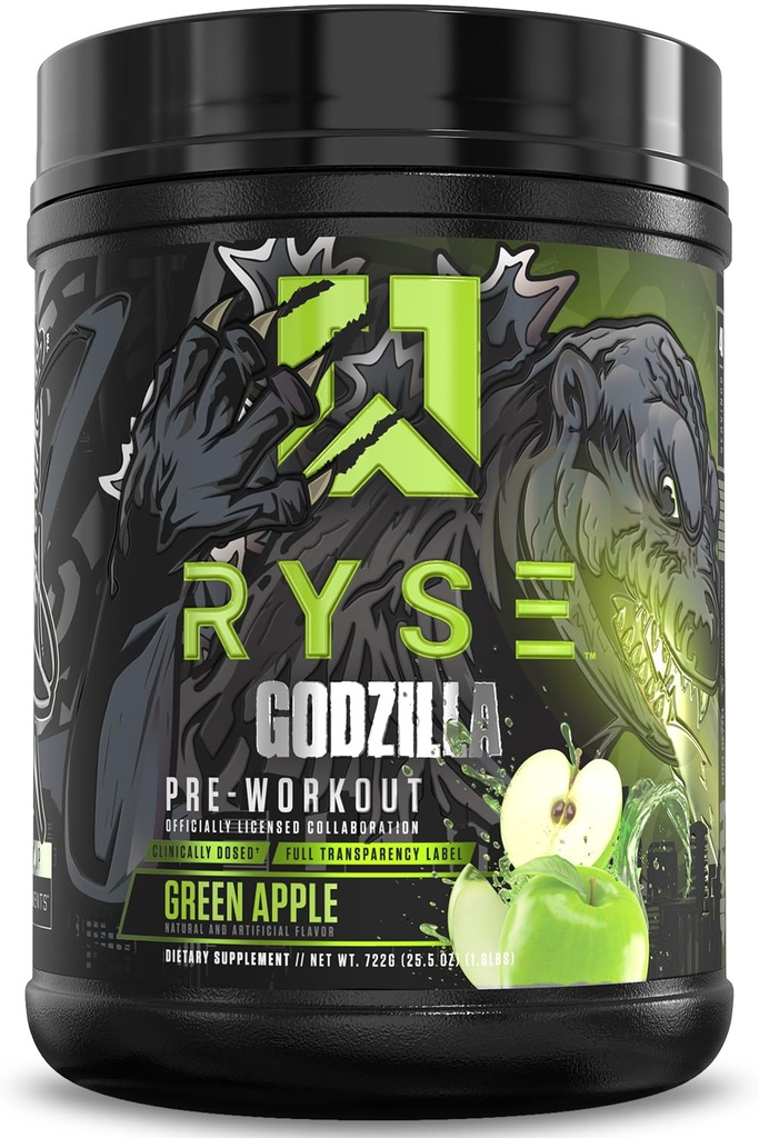 RYSE Godzilla X Noel Deyzel Pre Workout Powder - Green Apple - 400mg Caffeine, Citrulline & Beta Alanine을 가진 남자 & 여자를 위한 높은 자극 전 운동 - 에너지, 펌프 & 초점 - 20/40의 서빙