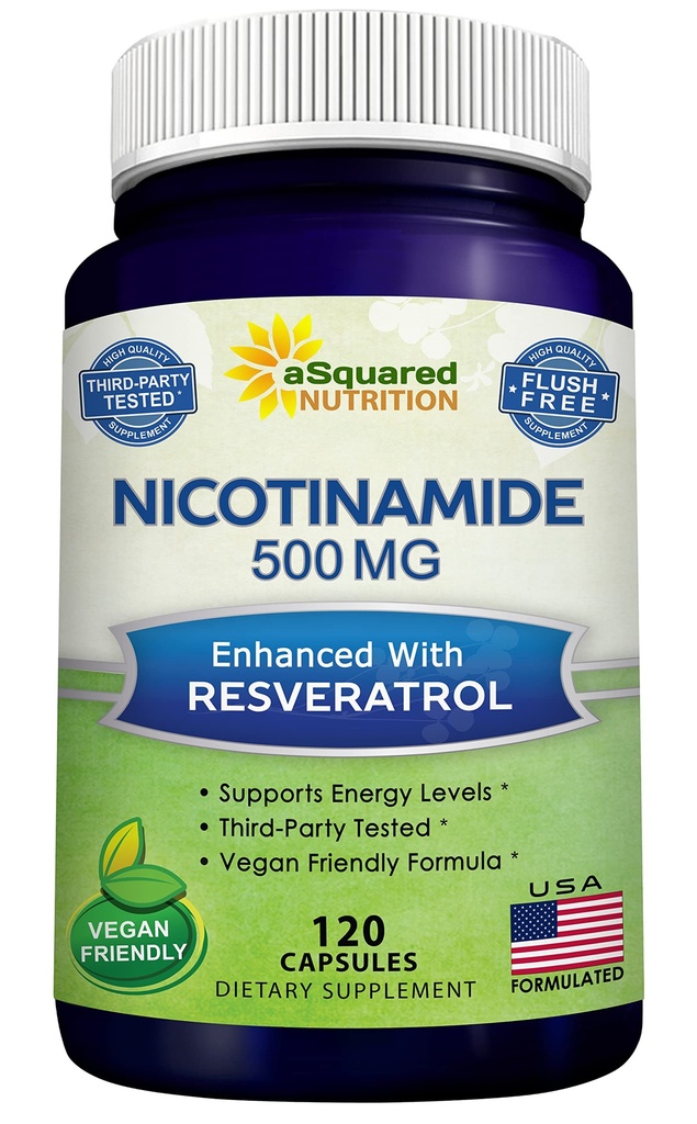 Resveratrol - 120 Veggie 캡슐 - 비타민 B3 500mg (Niacinamide Flush Free) - NAD, 피부 세포 건강 및 에너지 지원을위한 보충 알약