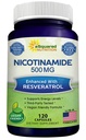 Resveratrol - 120 Veggie 캡슐 - 비타민 B3 500mg (Niacinamide Flush Free) - NAD, 피부 세포 건강 및 에너지 지원을위한 보충 알약
