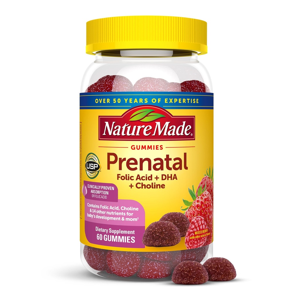 Nature Made Prenatal Gummies with DHA and Folic Acid, Prenatal Vitamin and Mineral Supplement for Daily Nutritional Support, 60 Gummies, 30 일 공급