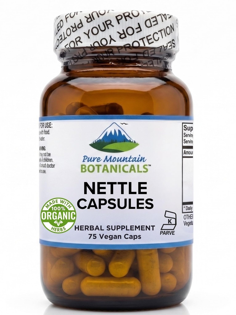 Pure Mountain Botanicals Sting Nettle Leaf Capsules - 500mg Organic Sting Nettles 리프가있는 Kosher Vegan Nettle 캡슐