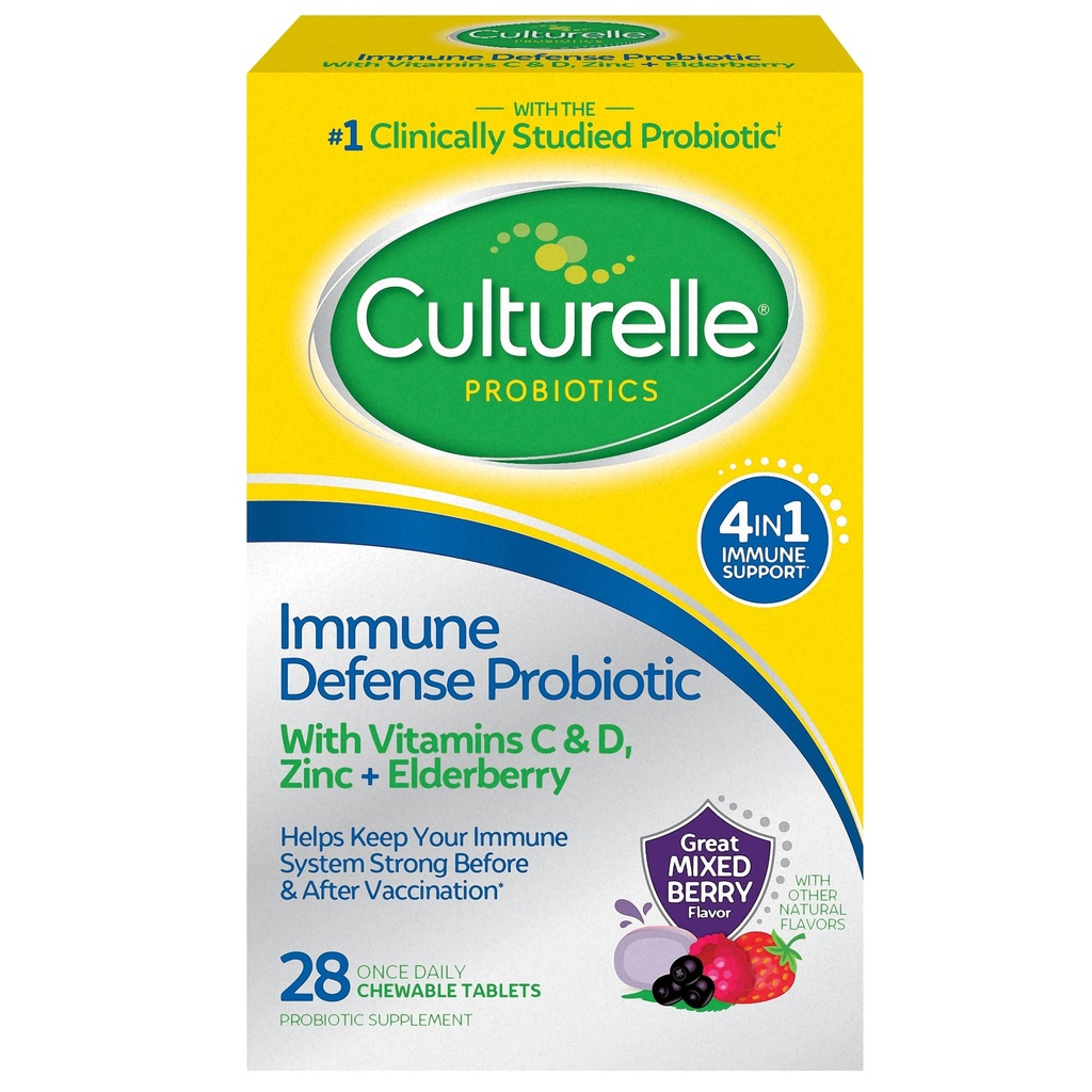 Culturelle Immune Defense Daily Probiotic for Women & Men - 28 Count, 4-in-1 Immune 지원과 혼합 Berry Chewable. Probiotic 비타민 C, 비타민 D, 아연 플러스 엘더베리