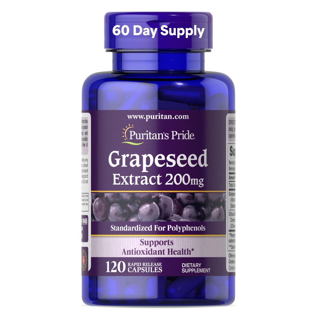 Puritan의 Pride Grapeseed Extract 200mg, 산화 방지제 및 심장 건강 지원, 2 개월 공급, 120 Rapid Release Capsules에 대한 규정식 보충