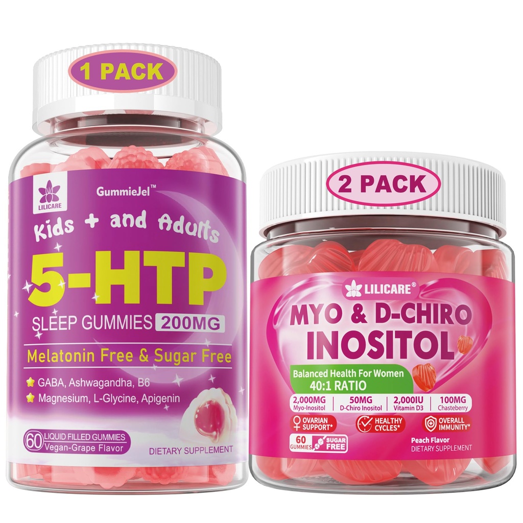 LILICARE 번들 : 마그네슘 글리세라이드가있는 5HTP 구미 - 성인 및 어린이 8 + & Inositol Gummies 이상적인 40 : 1 비율 Myo & D-Chiro Inositol 보충을위한 멜라토닌 무료 수면 구미