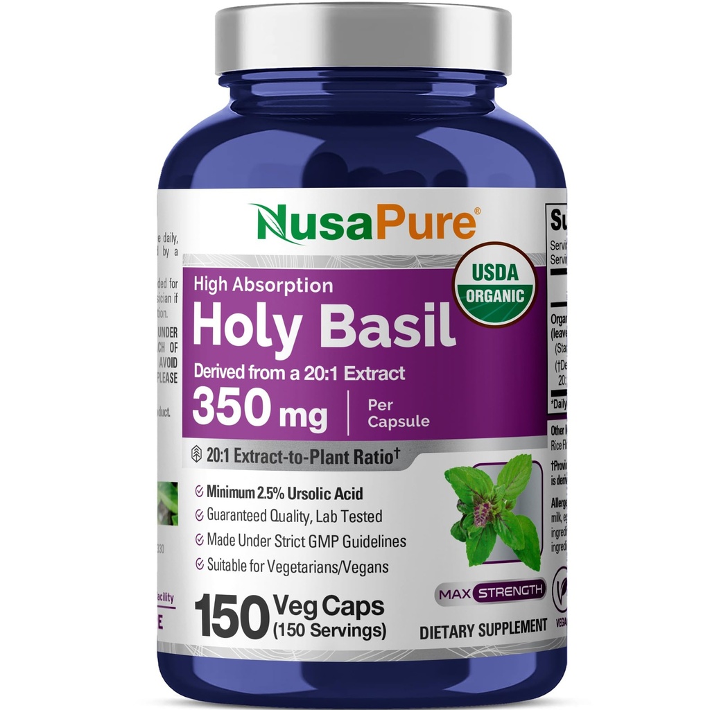 NusaPure USDA 유기성 분지 캡슐 20:1 추출물, 7,000mg에 동등한 350 mg | 150 Vegan 모자 | Tulsi Holy 분지 잎 추출물 | 2.5% Ursolic 산 | Non-GMO