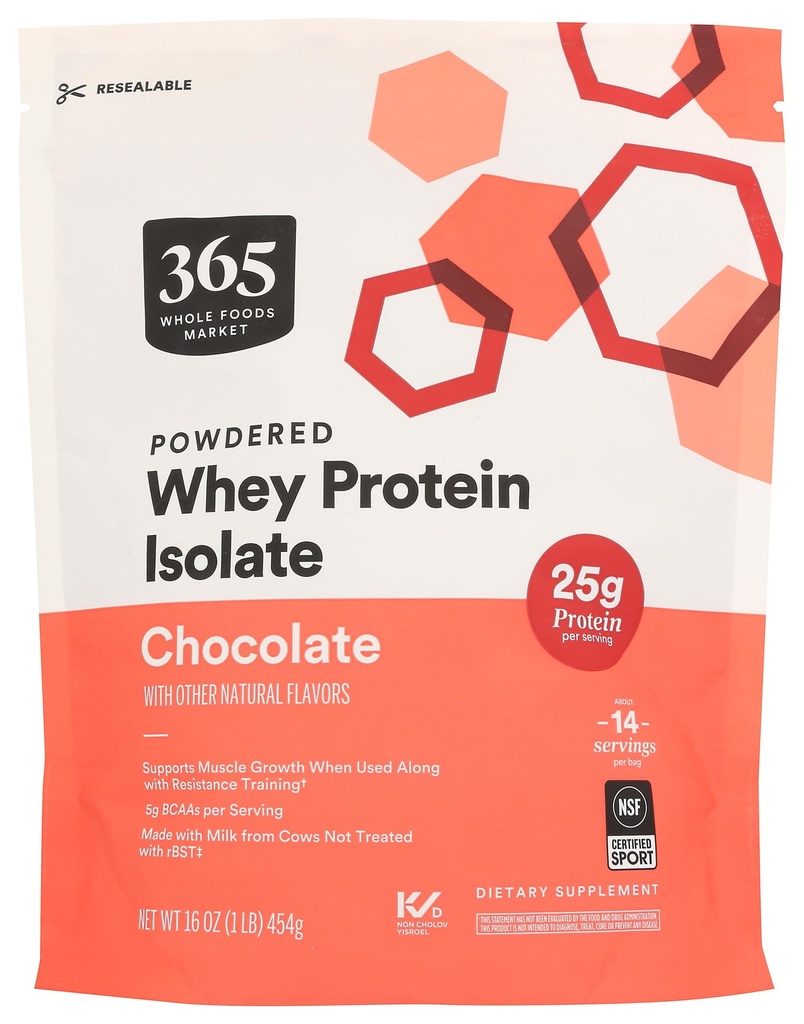 365 전체 식품 시장, Whey Protein Isolate, 초콜릿, 16 Ounce