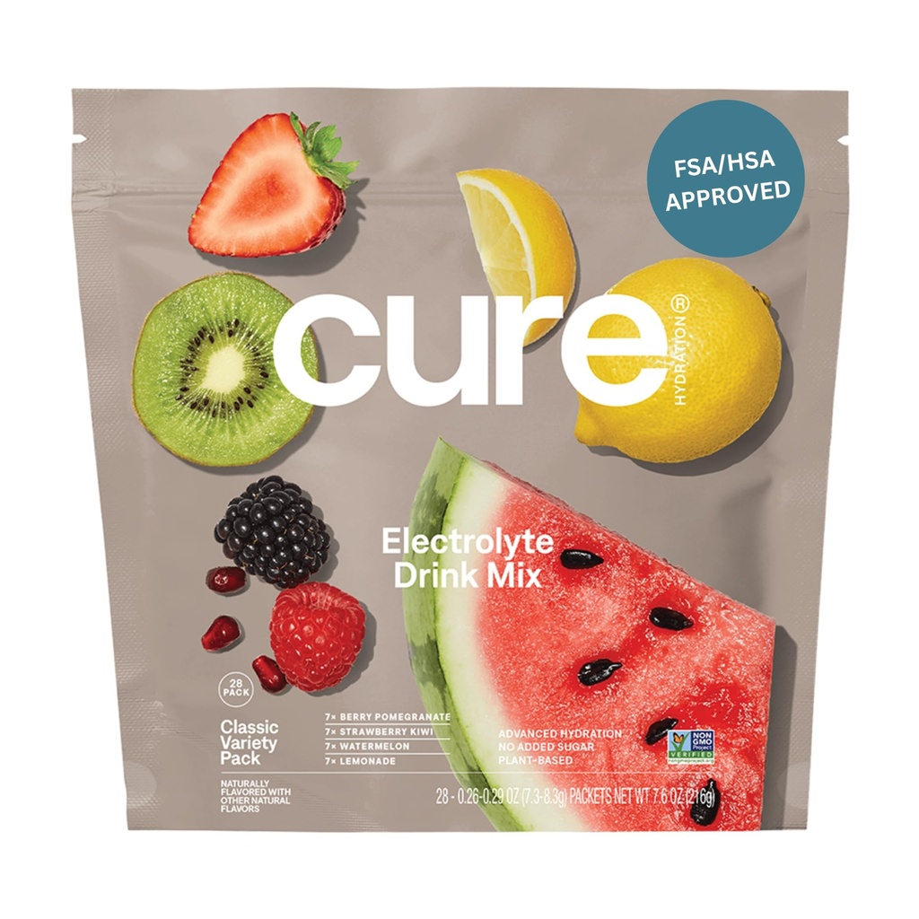 Cure Hydration | 식물 기반 전해질 음료 믹스 | 추가 설탕 | FSA-HSA | 코코넛 워터로 만든 탈수 릴리프 파우더 | 비 GMO | Vegan | 28 Packets - 다양한 팩