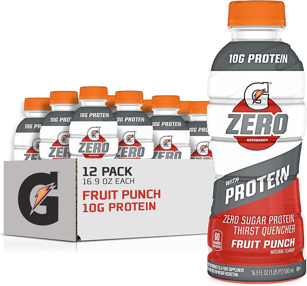 Gatorade Zero with Protein, 10g Whey Protein Isolate, Zero Sugar, Electrolytes, 과일 펀치, 16.9 Fl Oz, 12 팩