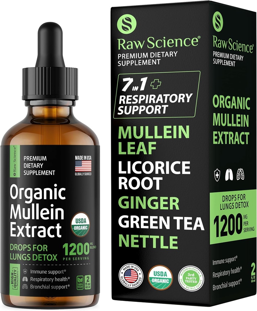Lungs를 위한 유기 Mullein 하락 - 호흡 지원 & Mucus 기복 - 흡연자를 위한 Lung Detox: Mullein 잎 추출물, Licorice, Ginger, Oregano & Nettle 잎, Thyme - Lung Cleanse 초본 추출물, 2oz