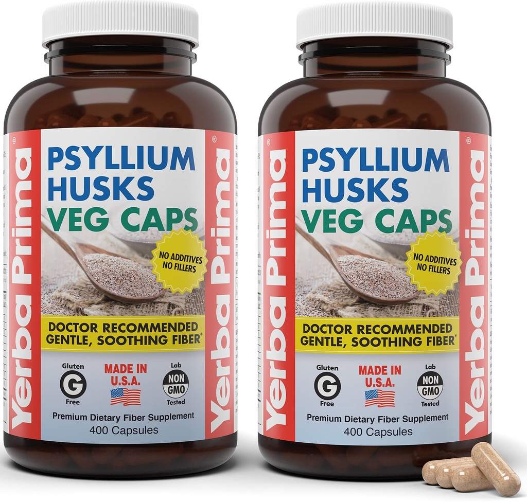Yerba Prima Psyllium Husks Veg Caps, 400 캡슐 (625mg) (팩 2) - Vegan, Non-GMO, 글루텐 프리, 콜론 클렌저, Gut 건강 및 정기적을위한 매일 섬유 보충