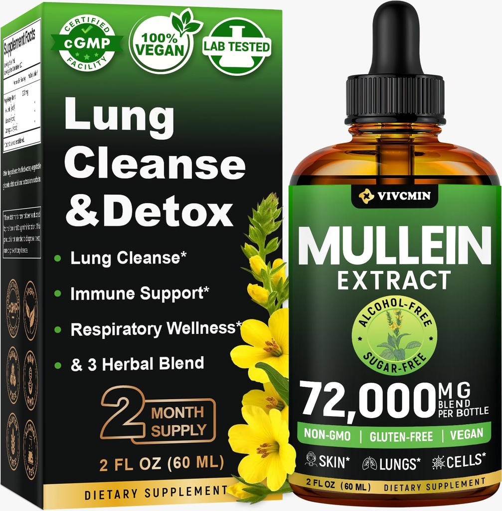 Lungs를 위한 Mullein 하락, Lungs 건강을 위한 3-in-1 Mullein 잎 추출물, 초본 Respiratory Lung 건강 지원 보충교재, 지원 면역성 & 소화 웰니스, 설탕 & 알콜 자유로운 - 2 FL OZ