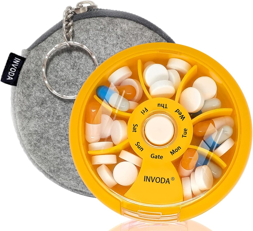 INVODA Weekly Pill 주최자 7 Compartment Rotating Pill Box for Daily Medication & Vitamins - 휴대용 여행 알약 케이스 물고기 오일 보충제 비타민 주최자 (Orange+Bag)