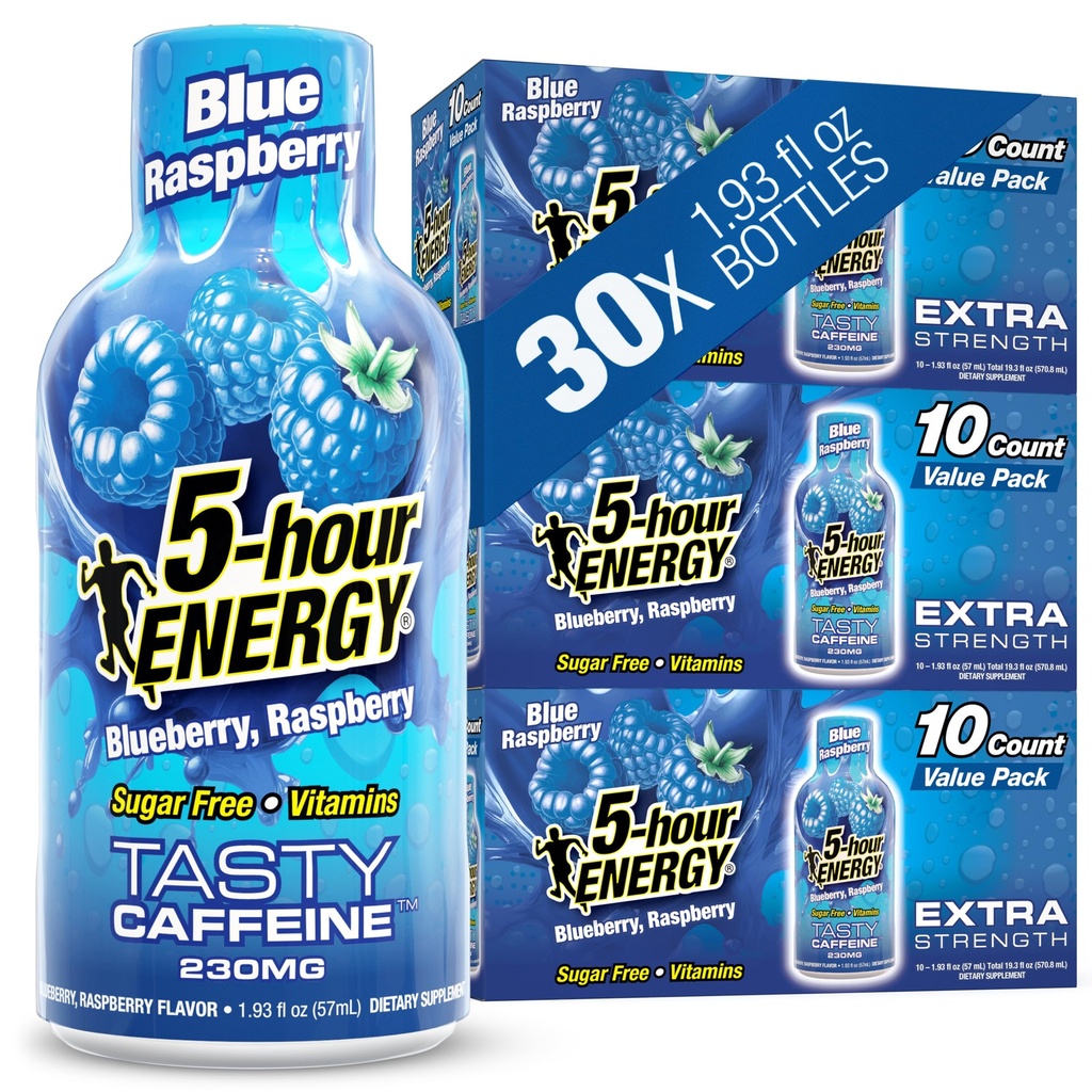 5 시간 ENERGY 샷 추가 강도, 블루 라즈베리 맛, 30 카운트, 1.93 Fl Oz, 설탕 무료, Zero Calories, 아미노산 및 필수 B 비타민, 다이어트 보충, 느낌 경고 및 Energized, 230 mg 카페인