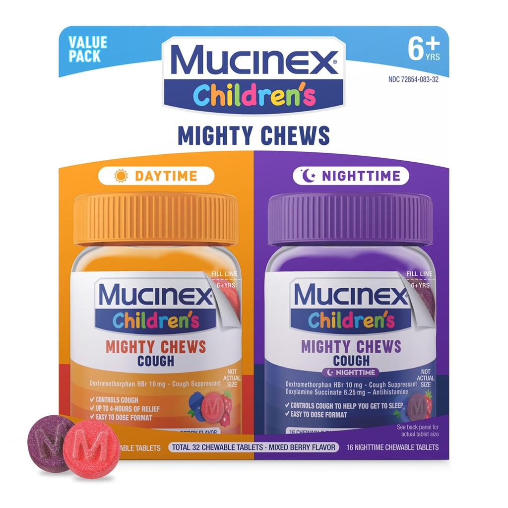 Mucinex Children's Mighty Chews Kids Cough Medicine Daytime and Nighttime Value Pack, Dextromethorphan, 혼합 Berry 풍미, 32 Medicated Chewable Tablets를 가진 아이를 위한 Dose Cough Suppressant에 쉬운