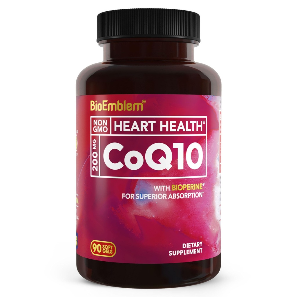BioPerine를 가진 BioEmblem CoQ10 - 200mg Softgels, 높은 흡수 - 에너지 생산을 위한 Coenzyme Q10 산화 방지제, 심장 건강 - 자연적인 모양, 비 GMO CoQ10 보충교재 - 90 조사