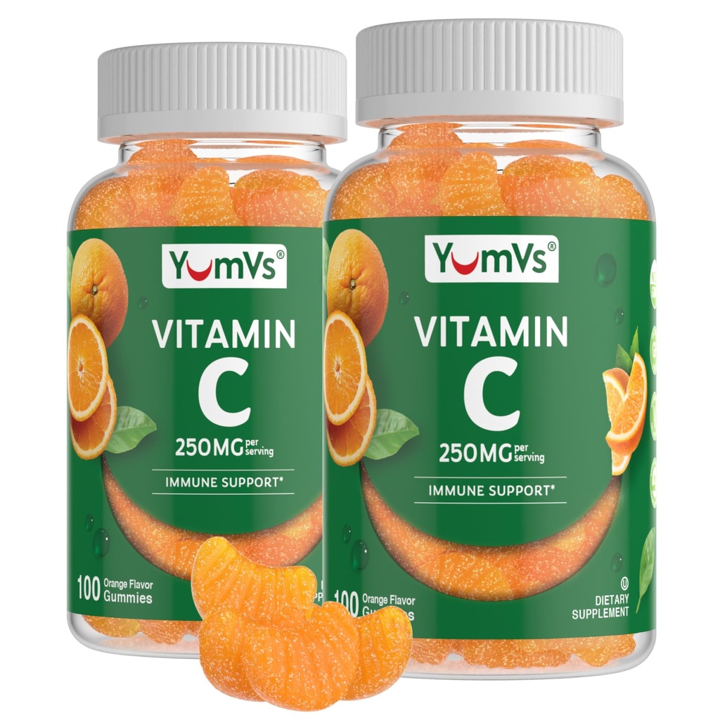 성인을 위한 YumVs 비타민 C Gummies - 250 mg 오렌지 맛 비타민 C Gummy - 성인을 위한 비타민 C Chewable 면역성이 있는 Gummies - 면역 지원 보충교재 - Kosher, Halal, 글루텐 자유로운 (200 조사), 2 팩