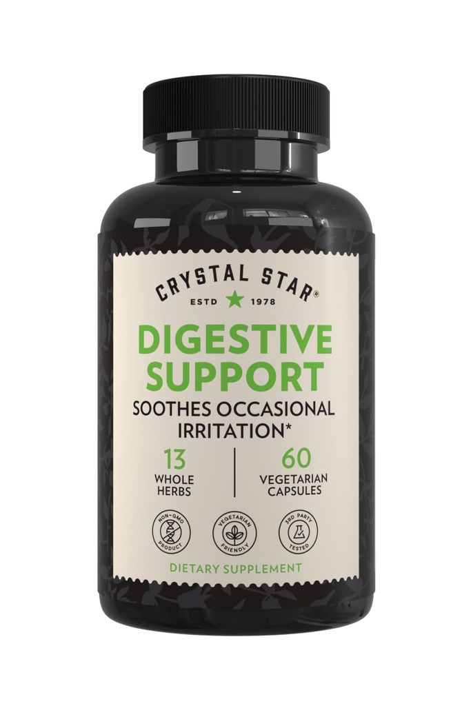 Crystal Star Digestive Support Supplement (60 캡슐) - Occasional Gas & Bloating - Peppermint, Aloe Vera, Slippery Elm & Ginger와 함께하는 초본 Gut 건강 보충 - Non-GMO