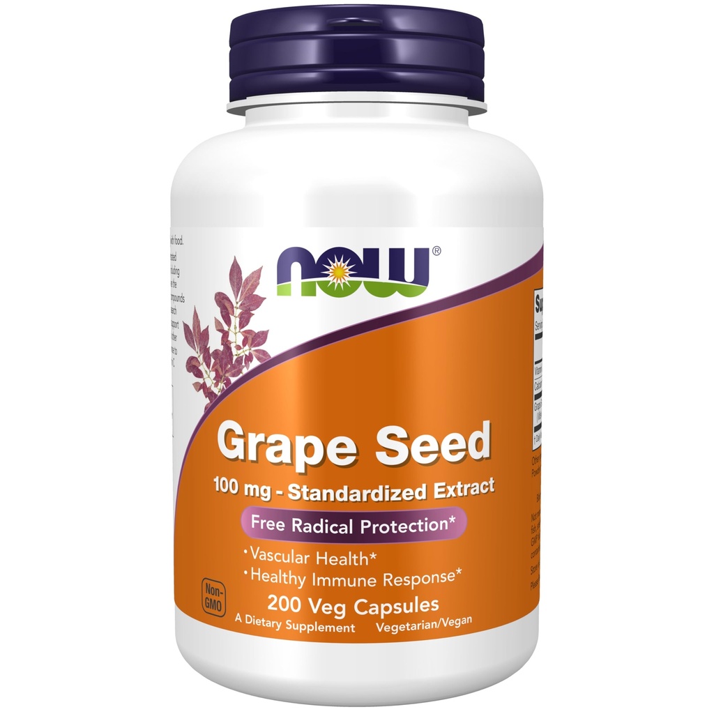 NOW 식품 보충제, 포도 씨앗 100 mg - 표준화 된 추출물, 비타민 C, 200 Veg 캡슐과 최소 90 % 폴리 페놀의 농축 추출물