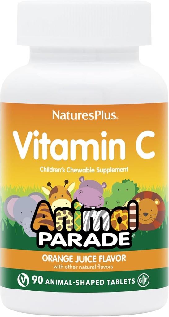 NaturesPlus Animal Parade Vitamin C Children's Chewable - 천연 오렌지 주스 맛 - 90 Animal-Shaped Tablets, Pack of 4 - Vegan, 채식주의 자, 글루텐 무료 - 180 총 봉사