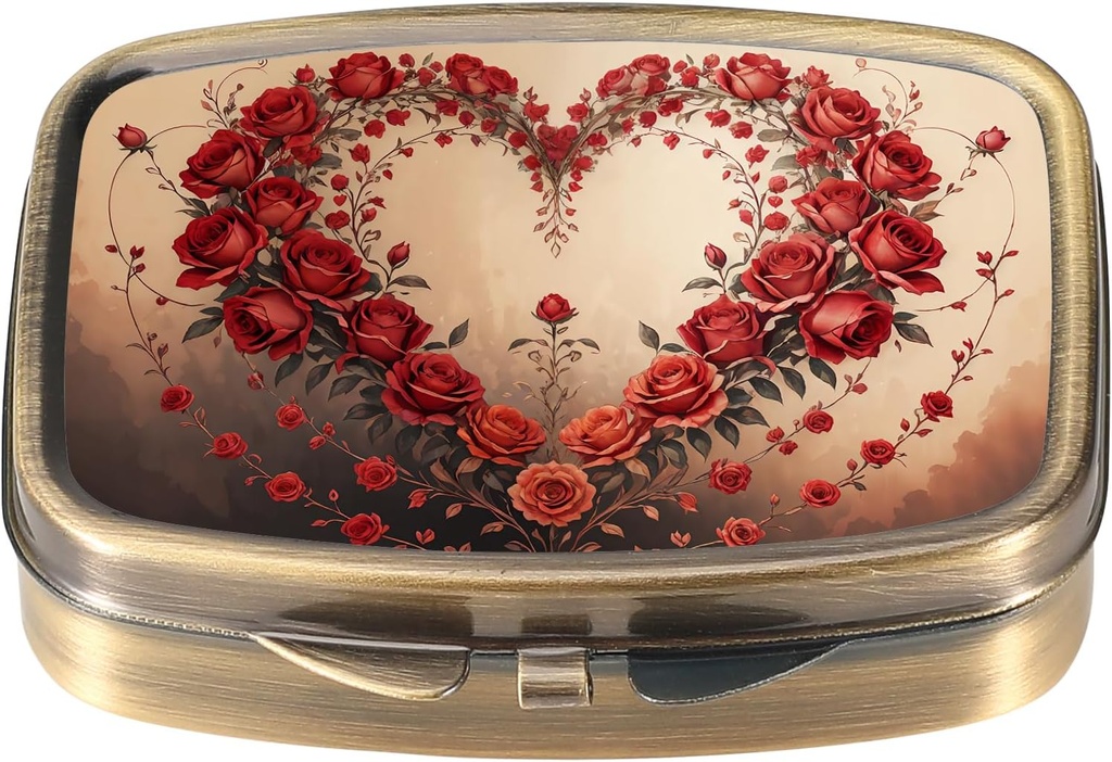 Dynippy Pill Case Pill Box with Mirror Retro Pocket 2 Compartment Medicine Case Vitamin Pill 주최자 for Pocket Purse and Travel (Retro-Rose Heart Wreath)