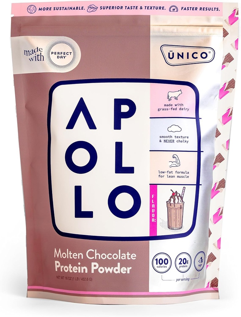 Unico Apollo Molten Chocolate Protein Powder - 20g 100 % Grass-Fed Whey Protein, Egg Albumen 및 Casein | Non-Bloating | 저탄소 및 저지방 | 16 서빙 | Non-Chalky Texture | 베스트 타스티