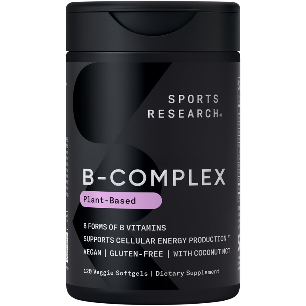 Sports Research® Vitamin B-Complex - 메틸을 입힌 B12 & Folate를 가진 B 비타민의 가득 차있는 스펙트럼 - 글루텐 자유로운 · 식물 기초 · 비 GMO · Vegan-Friendly 공식 - 120 Veggie Softgels