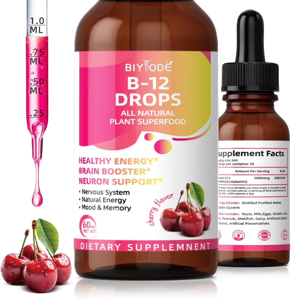 비타민 B12 5000 mcg 액체 하락 모든 자연적인 식물 Superfood 건강한 에너지 뇌 승압기 Neuron 지원 신경계 자연적인 에너지 계류 기억 60ml 순수한 Wt 버찌 풍미
