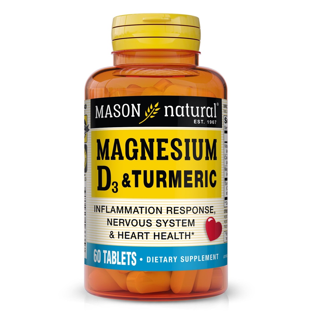 심황, 500 mg 마그네슘, 3000 IU 비타민 D3 및 150 mg 심황을 가진 60 일 공급 규정식 보충교재를 가진 MASON NATURAL 마그네슘 & 비타민 D3