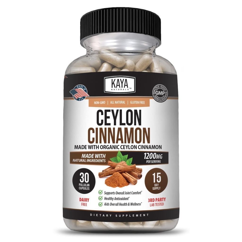 Kaya Naturals Ceylon Cinnamon 보충교재 | 서빙 당 1200mg, Vegan - Non-GMO & 글루텐 무료 - 30 캡슐