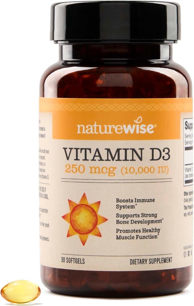 NatureWise 비타민 D3 10,000IU (250 mcg) 30 일 공급 - 건강한 면역 지원 & 근육 기능, 비 GMO, 글루텐 자유로운 유기 여분 처녀 올리브 기름, (Mini Softgel), 30 조사를 위한 높은 힘