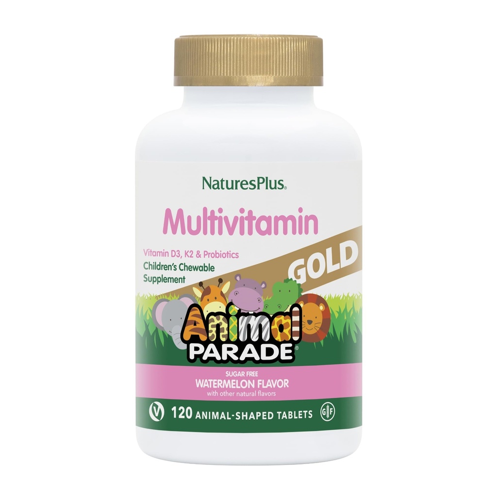 Natures Plus Animal Parade Gold Multivitamin 어린이 Chewables - 수박 맛 - 120 동물 모양 정제 - 비타민 D3, K2 및 프로바이오틱스 - 수박, 글루텐 무료 - 60 총 서빙