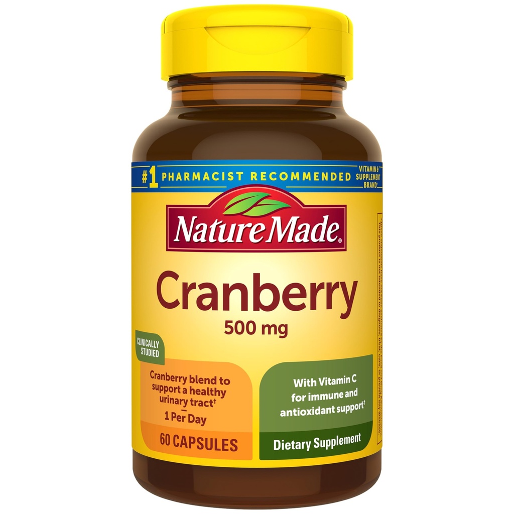 Nature Made Cranberry Supplement 500mg with Vitamin C for Immune & Antioxidant Support, Urinary Tract Health, 일 당 1 개, 캡슐 60 개