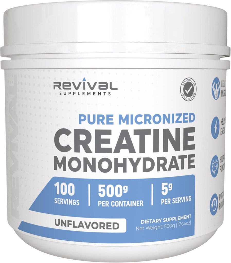 Revival 프리미엄 Micronized Creatine Monohydrate - HPLC는 100% 순수한 급료를 시험했습니다 - 500g (100의 서빙) - Lean 근육 성장을 지원하십시오 - 최대 흡수 - Unflavored - 미국 & 제 3 자 실험실에서 시험되는